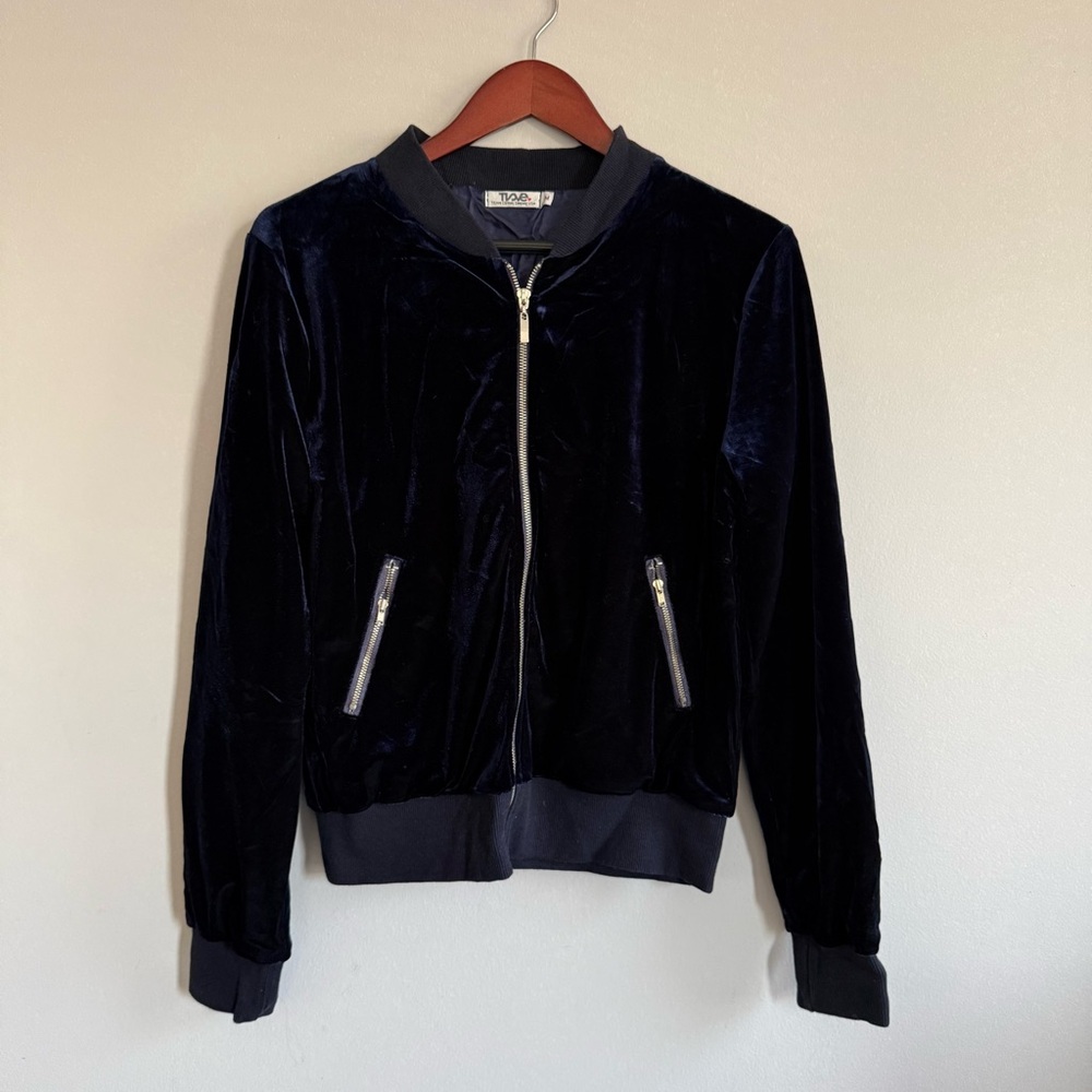 Navy Blue Velvet Bomber Jacket Women Y2K size M